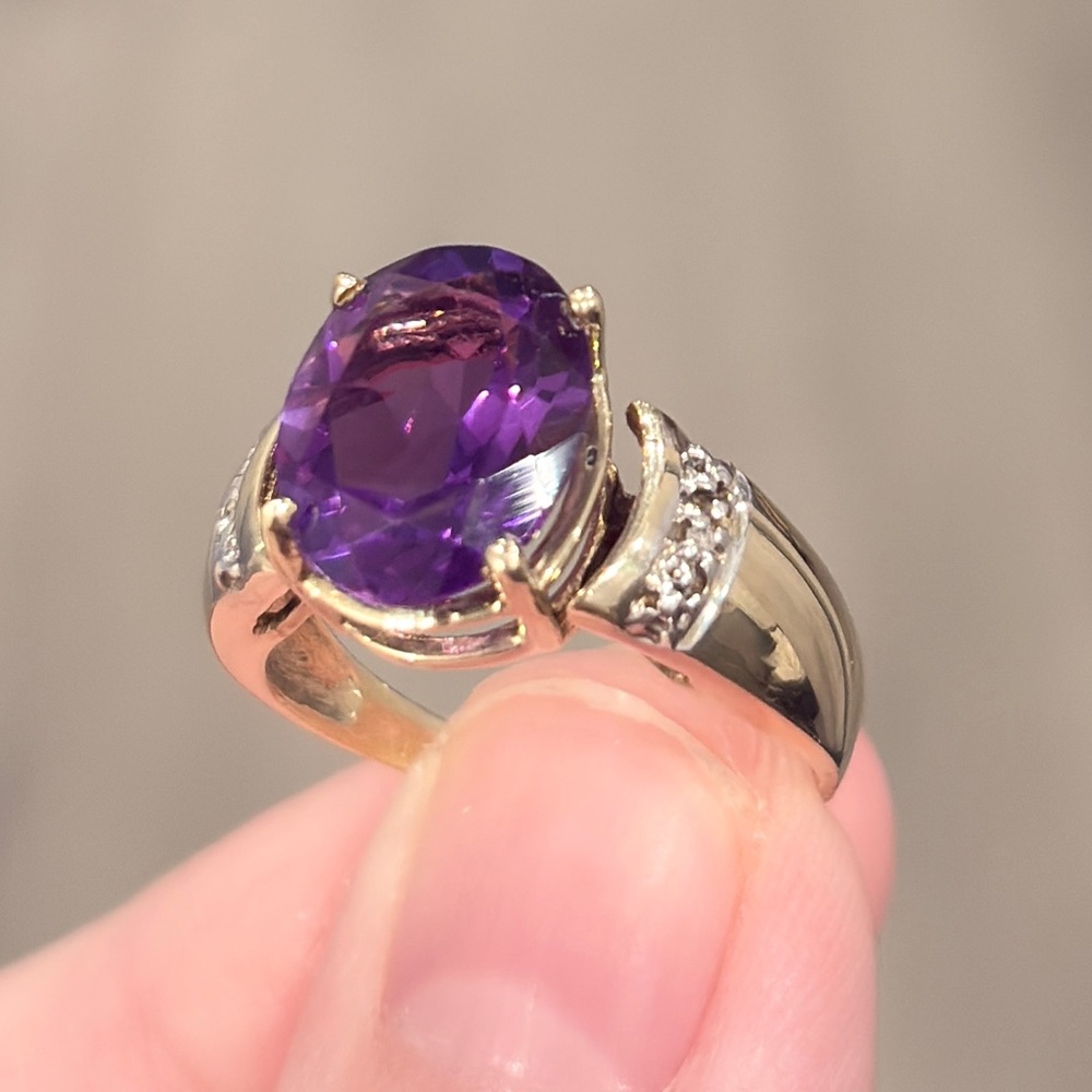 Vintage 10K Amethyst Ring: Diamond Accent Oval Solitaire Open Setting Size 6.75